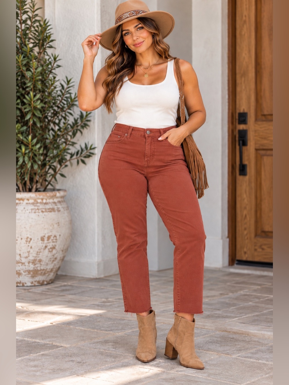 Frank & Eileen Sz 31 Coral High Rise Ankle Crop Frayed Hem Jeans